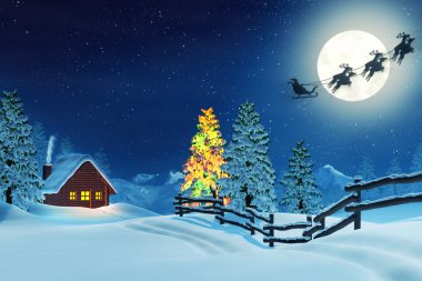 Kabin, Noel ağacı ve Santa gece kış peyzaj