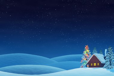 Kabin ve geceleri kış manzara haddeleme içinde Noel ağacı