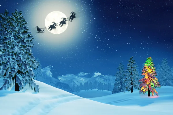 Árbol de Navidad y Santa en el paisaje de invierno a la luz de la luna por la noche —  Fotos de Stock