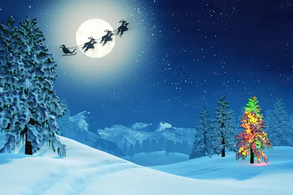 Noel ağacı ve Noel Baba'ya mehtaplı kış manzarası, gece