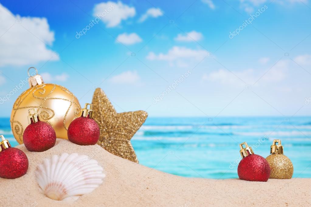 Christmas Decorations On The Beach Ocean In The Back Stock