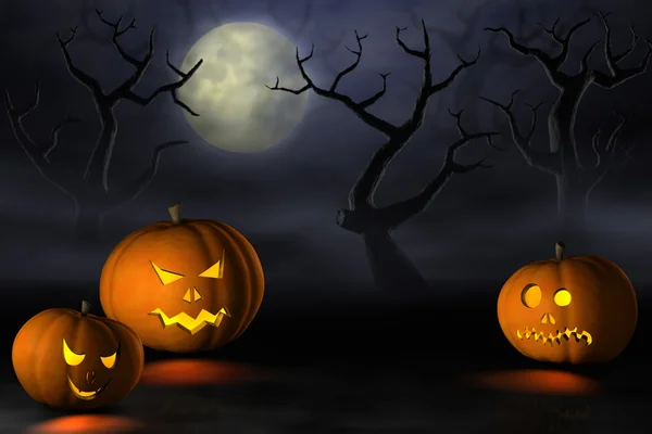 Halloween pumpkins in a spooky forest at night — Stock Photo, Image