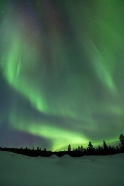 Aurora borealis karlı kış manzara, Fin Lapland üzerinde