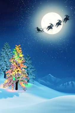 Noel ağacı ve Noel Baba'ya mehtaplı kış manzarası, gece