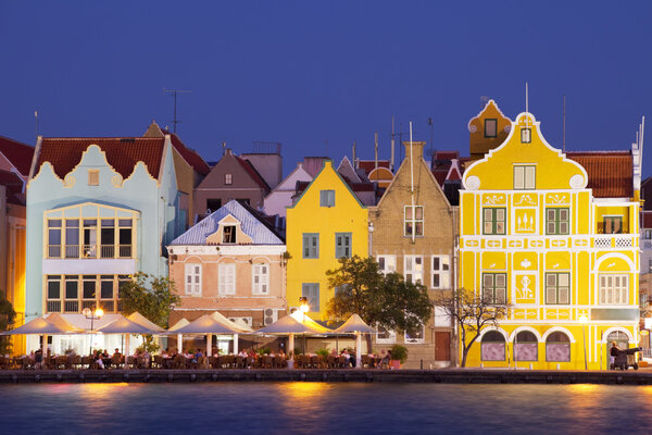 Colorful houses of Willemstad, Curacao at night