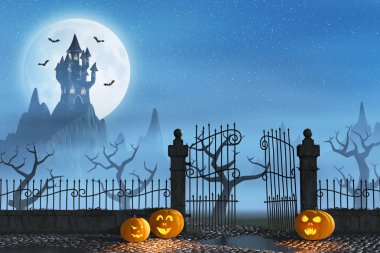 Halloween pumpkins ürkütücü bir kale kapısı yanındaki