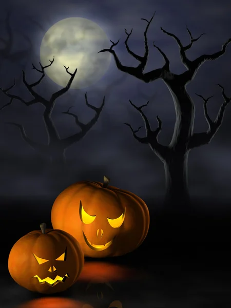 Abóboras de Halloween em uma floresta assustadora à noite — Fotografia de Stock