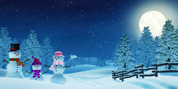 Snowman family in a moonlit winter landscape at night