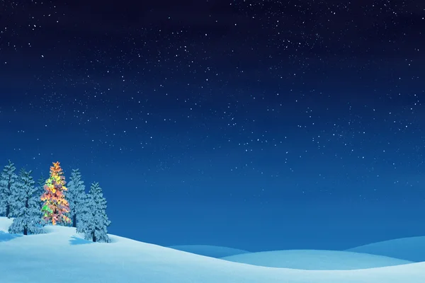 Arbre de Noël dans un paysage hivernal vallonné la nuit — Photo