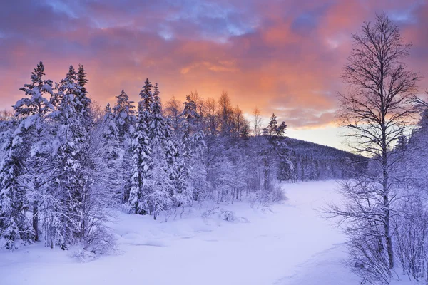 Wschód słońca nad rzeką zimą w pobliżu Levi, fińskiej Laponii — Zdjęcie stockowe