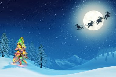 Noel ağacı ve Noel Baba'ya mehtaplı kış manzarası, gece