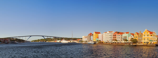 Colorful houses and Queen Juliana Bridge, Willemstad, Curacao