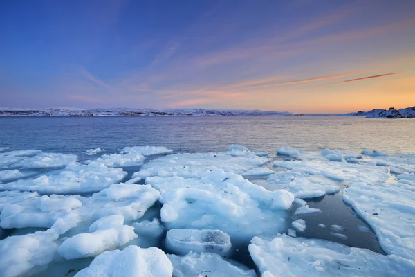 Ice floes at sunset, Arctic Ocean, Porsangerfjord, Norway — Stock Photo, Image