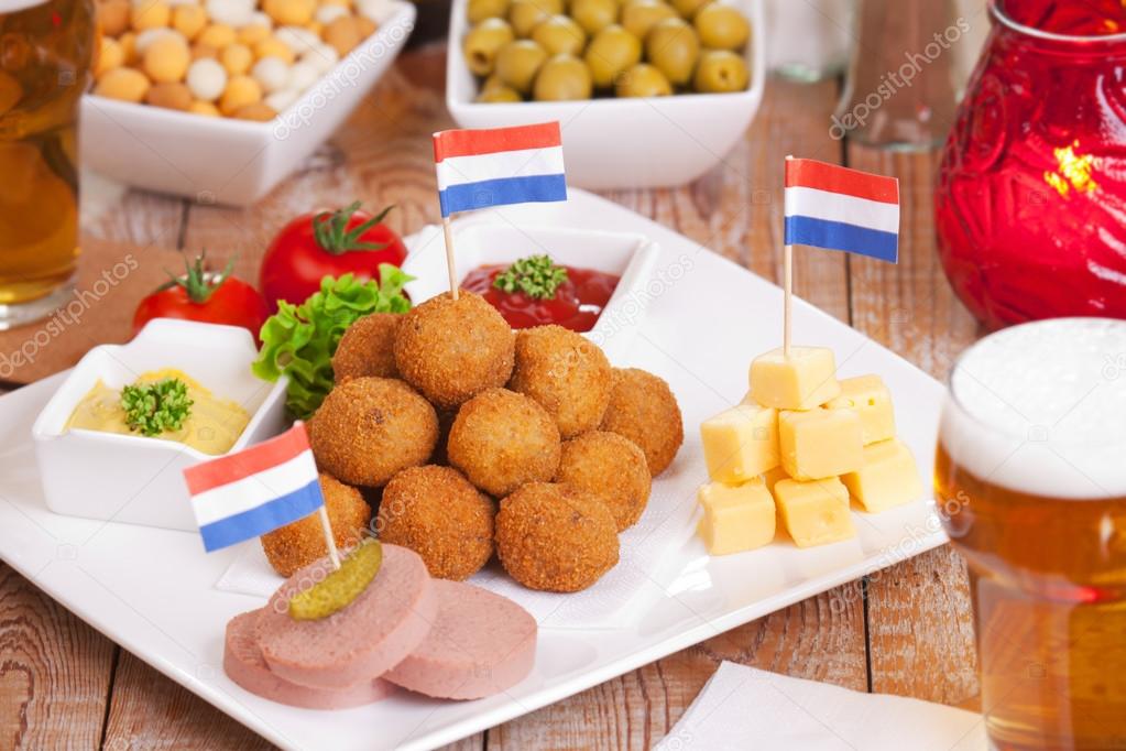 Dutch food: 'bittergarnituur' or 'bitterballen', deep fried snac
