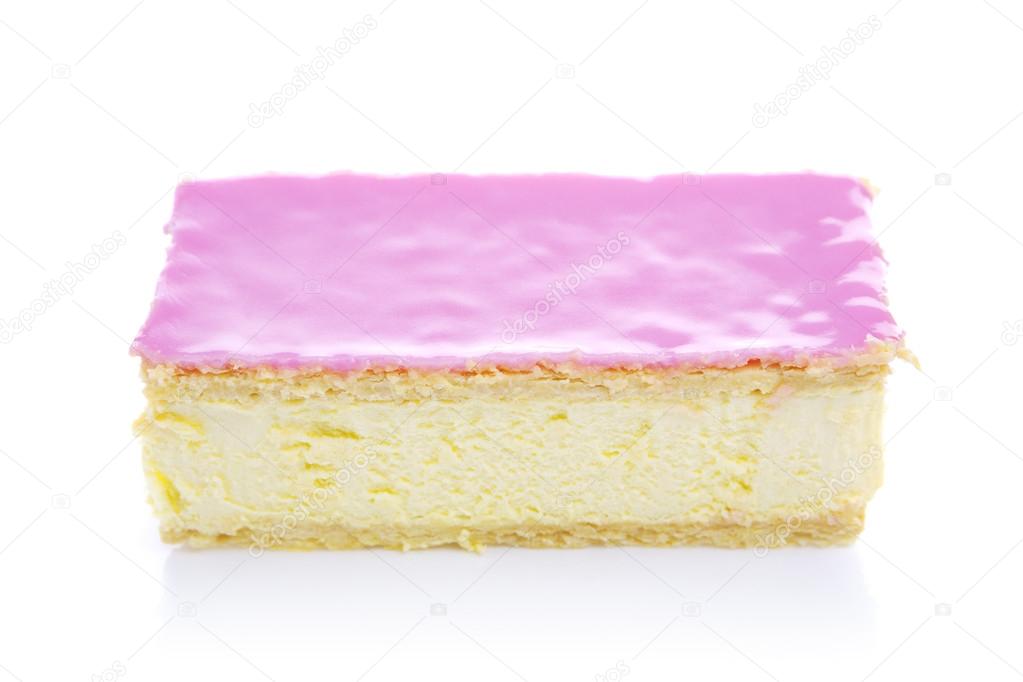 Pink tompouce, traditional Dutch pastry, isolated on white