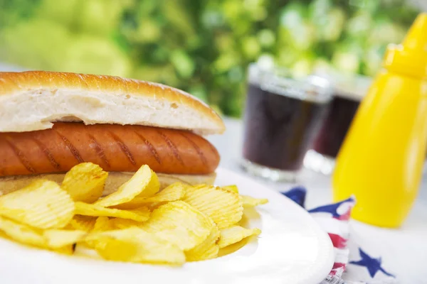 Hot dog su un tavolo all'aperto in luce intensa — Foto Stock