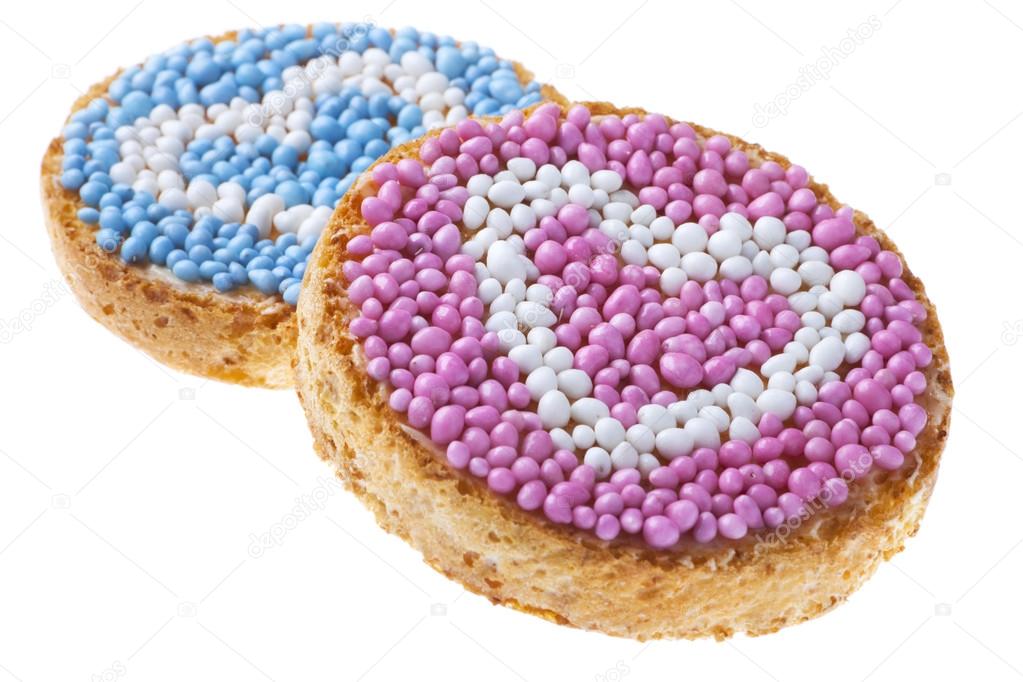 Dutch food: 'beschuit met muisjes' with hearts, isolated on whit