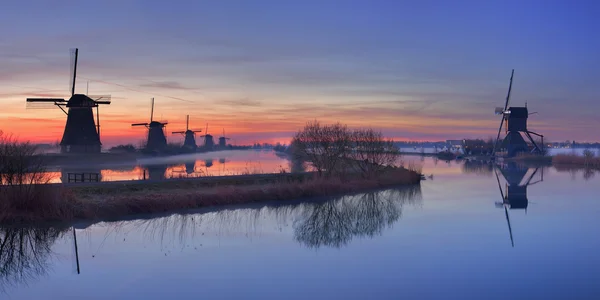 Традиційні вітряки при сходом сонця, Кіндердайк, Нідерланди — стокове фото
