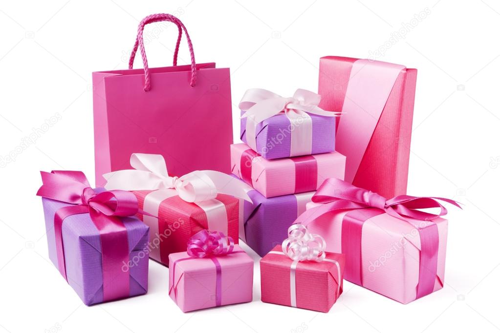 Collection of pink and purple gifts, isolated on white