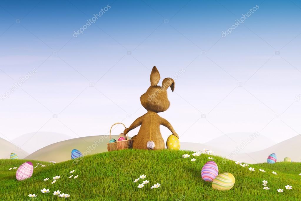 Easter bunny with a basket and Easter eggs