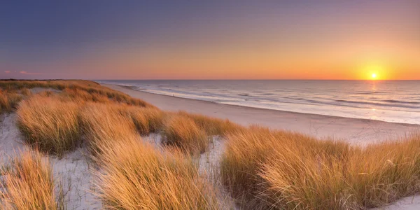 Dunas e praia ao pôr do sol na ilha de Texel, Países Baixos — Fotografia de Stock