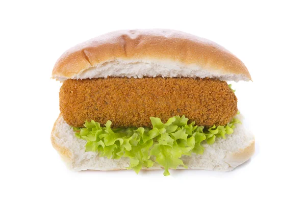 Sandwich mit holländischen Fleischkroketten ('Kroket'), isoliert auf weiß — Stockfoto