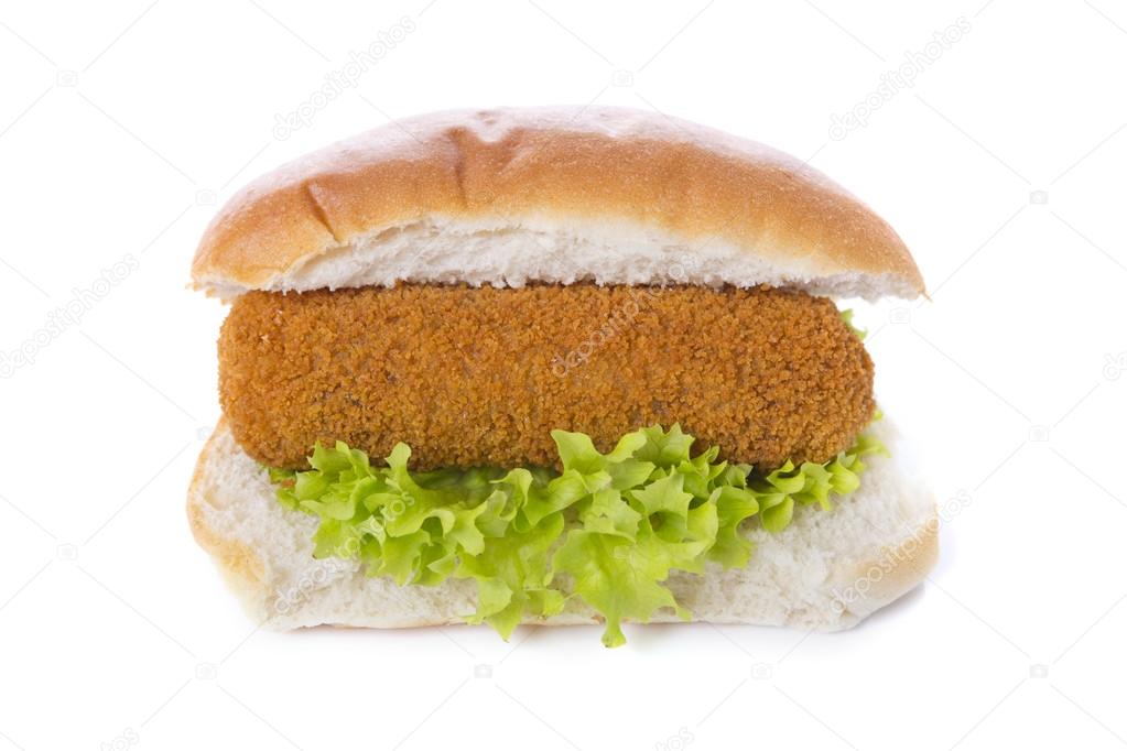 Sandwich with Dutch meat croquette ('kroket'), isolated on white