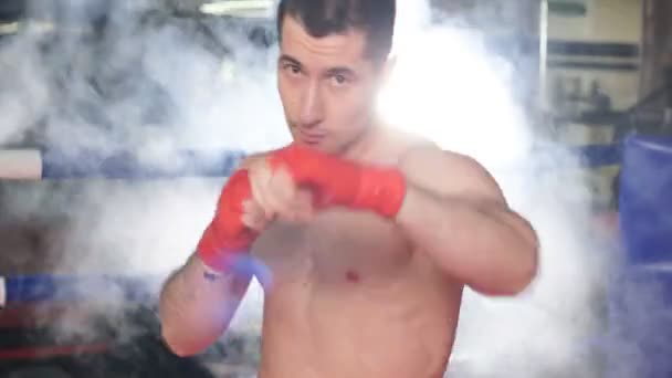 Joven boxeador pasa sparring en el ring con fuerte oponente — Vídeos de Stock