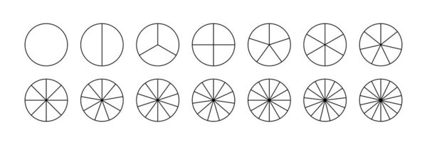 Parts of diagram wheel from 1 to 14. Template of pie chart. Coaching blank. Segmented chart. Outline black graphics. Pie charts, pizza charts set. Sectors divide the circle on equal parts. Vector