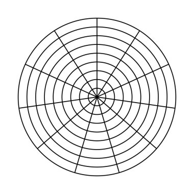 Boş kutup grafik kağıdı. Yaşam tarzı dengesinin çember siyah diyagramı. 11 segmentten oluşan kutup ızgarası ve 8 eşmerkezli daire. Hayat çarkı. Hayatın tüm alanları için antrenörlük aracı. Vektör illüstrasyonu