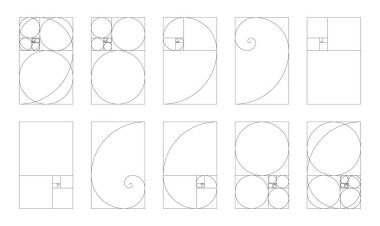  Fibonacci sayıları, büyük diziler. Dikey altın oran armoni kolleksiyonu. Vektör illüstrasyonu