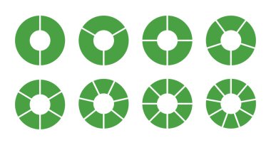 İki, üç, dört, beş, altı, yedi, sekiz, dokuz bölümlü tekerlek yuvarlak diyagramları. Yeşil daire bölümü 2, 3, 4, 5, 6, 7, 8, 9 eşit parçalarda. Boş koçluk. İnfografik yeşil set. Vektör