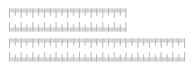 Ölçüm tablosu seti 10 cm ve 15 cm. Sayısız 100mm ve 150 mm 'lik cetvel koleksiyonu. Cetvel ölçeği şablonları. Uzunluk ölçüm yüksekliği, matematik, mesafe, dikiş aracı