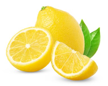 Limonlu meyve ve yarım yamalak kesilmiş. İzole edilmiş limon ve izole edilmiş bir dilim. Yüksek kalite fotoğraf