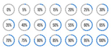 Mavi ve gri renkli ilerleme çubuğu. Mavi ve gri renkli pasta grafiği göstergeleri. Yuvarlak grafik yükleme işlemi. Daire şemaları bilgi grafikleri için 0 'dan 100' e kadar simgeler oluşturur. Yuvarlak