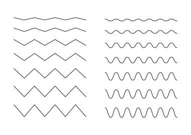 Enine yatay çizgiler. Kıvrımlı, dalgalı zikzak çizgileri. Basit dalgalı sınırlar. Sinüs, hava, rüzgar işareti. Nehir, su, göl, deniz ya da okyanus sembolü. Taslak vektör grafik izole edildi. - Evet. Vektör