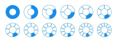 Bir, iki, üç, dört, beş, altı, yedi, sekiz, dokuz, on, on bir, on iki bölümlü yuvarlak mavi diyagramlar. 1, 2, 3, 4, 5, 6, 7, 8, 9, 10, 11, 12 eşit parçalarda daire bölümü