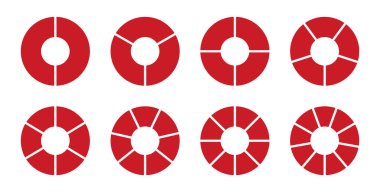 Kırmızı tekerlek yuvarlak iki, üç, dört, beş, altı, yedi, sekiz, dokuz bölümlü diyagramlar. Daire bölünmesi 2, 3, 4, 5, 6, 7, 8, 9 eşit parçalarda. Boş koçluk. Bilgi seti. Vektör