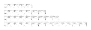 Cetvel ölçeği seti, ölçüm tablosu, 4, 6, 8, 12 inç ve sayılar. Uzunluk ölçüm mesafesi, boy, matematik. Dikiş aletinin şablonu. Vektör illüstrasyonu