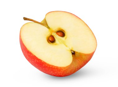Kırmızı elmanın taze yarısı izole edilmiş. Kırpma yolu ile ikiye bölünmüş pembe kadın elması. - Evet. Yüksek kalite fotoğraf