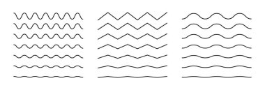 Bir dizi dalga çizgisi. Dalgalı çizgiler ayarlandı. Dalga süsleme deseni. Vektör dalgalı ve zigzag yatay altı çizili. Arkaplanda ince bir çizgi var. Vektör illüstrasyonu