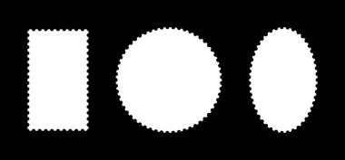 Posta pulları şablon çerçeveleri. Oval ya da yuvarlak ve dikdörtgen şeklinde boş vintage pul. Kartpostallar, mektuplar, boş sınırlar. Kuponlar, etiketler, dalgalı, kıvrımlı kenarlı kutular