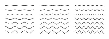 Vektör zigzag ve dalgalı yatay altçizgi ayarlandı. Dalga çizgileri. Dalga süsleme deseni. Arkaplanda ince bir çizgi var. Bir dizi dalgalı çizgi. Vektör illüstrasyonu