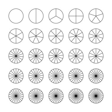 Diyagram çarkının parçaları 1 'den 25' e kadar. Turta şeması. Boş koçluk. Parçalı çizelgeler. Sektörler çemberi eşit parçalara böler. Siyah çizgili grafikler. Pasta grafikleri, pizza grafikleri. Parçalar
