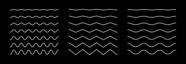 Vektör zigzag ve dalgalı yatay altçizgi. Dalgalar yılın rengine göre dizildi. Dalgalı çizgiler. Dalga süsleme deseni. Arkaplanda ince bir çizgi var. Vektör illüstrasyonu