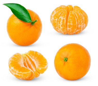 Olgun mandalina seti, soyulmuş, kabuksuz, beyaz arka planda izole edilmiş. Yapraklı Mandarin. Yüksek kalite fotoğraf