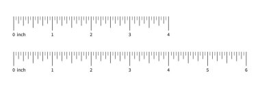 Cetvel ölçeği, ölçü tablosu, 6 inç ve sayılı 4 inç. Uzunluk ölçüm mesafesi, boy, matematik. Şablon altı ve dört inç dikiş aracı.