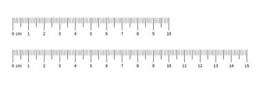 Ölçüm tablosu seti 10 cm ve 15 cm. Cetvel ölçeği koleksiyonu 100 mm, 150 mm 'lik rakamlarla. Cetvel ölçeği şablonları. Uzunluk ölçü yüksekliği, matematik, mesafe, dikiş aleti. Vektör