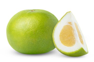 Pomelit veya narenciye, tatlı, oroblanco, dilimlenmiş meyve dilimi. Yeşil greyfurt şekeri ve yarım parça taze greyfurt şekeri. Yüksek kalite fotoğraf