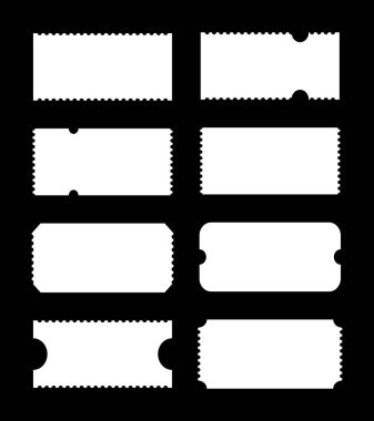 Biletleri siyah arka planda kabul et. Sinema, festival, kumarhane, sirk, tiyatro, kulüp desenleri için bilet. Boş düz şablonlar. Basit boş pano, minimalist indirim kuponları, piyango. Vektör